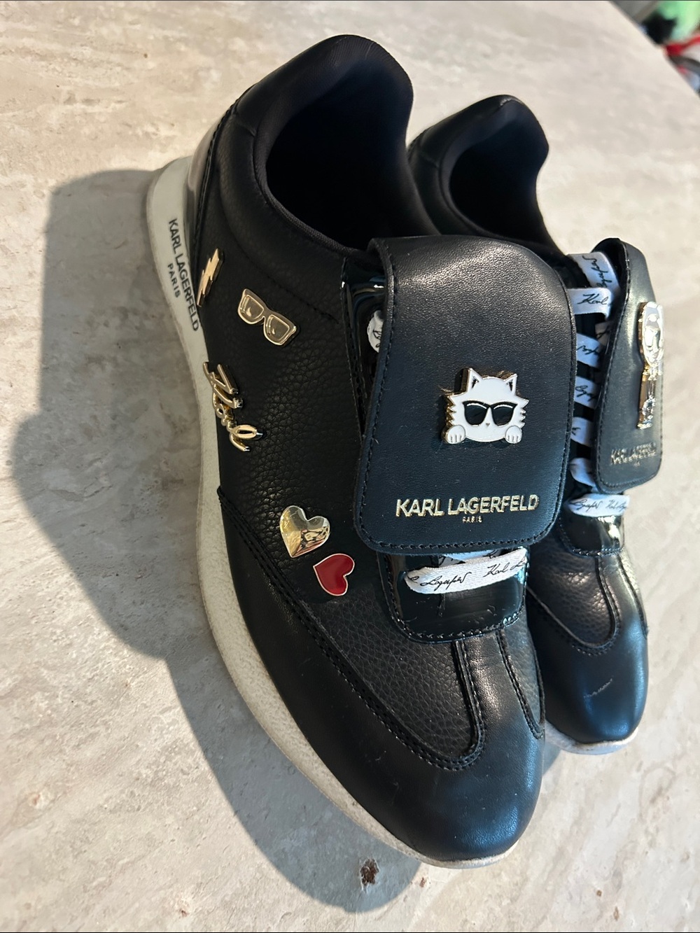 Karl Lagerfeld Women’s Black Sneakers with Gold Cat and Red Heart Charms